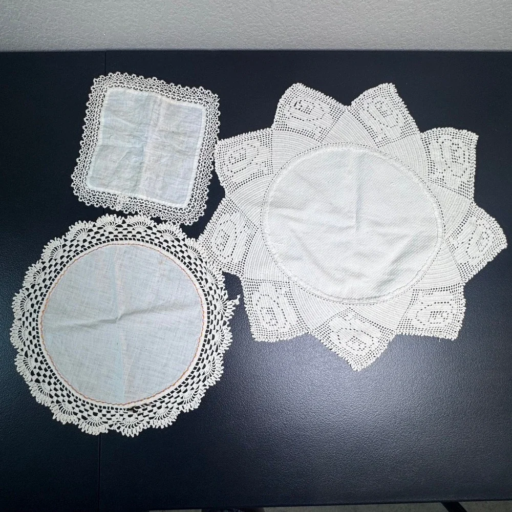 Vintage White Lace Doily Lot 6pc Crochet Linen Tatting Mixed Shapes Farmhouse